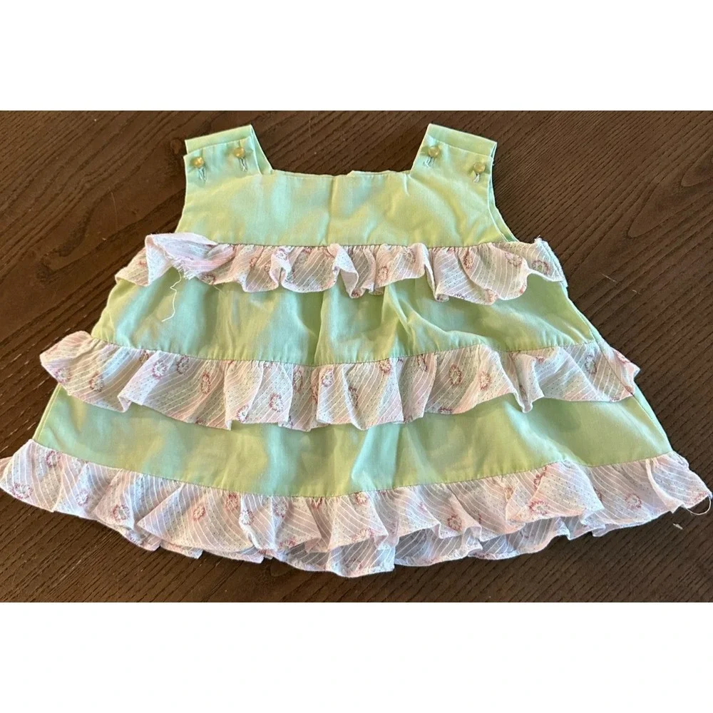 Vintage Sikaffy Pink & Green Ruffled Dress Baby Girl Size 9‎ Months